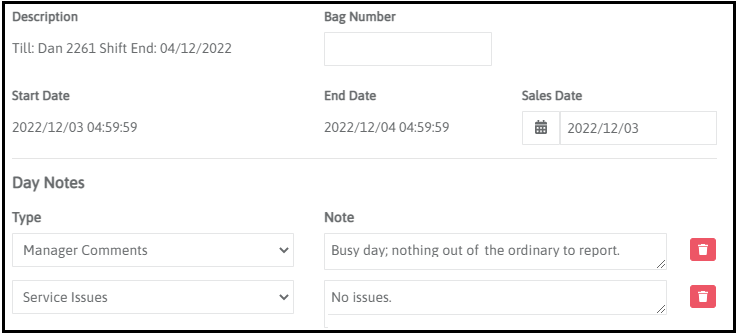 Top section of a cash up