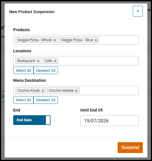 New Product Suspension window