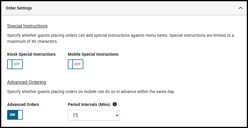 Order Settings section