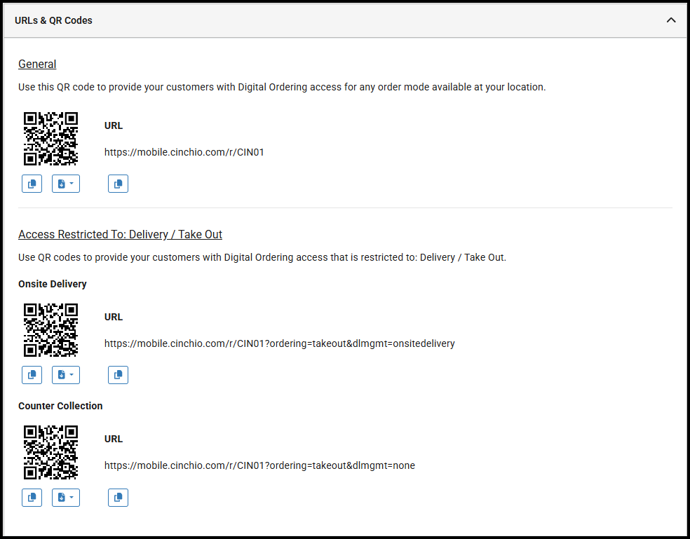 URLs and QR Codes section
