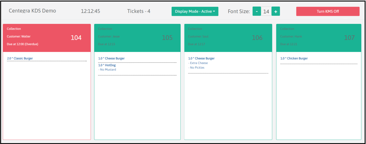 The KDS screen, with its header and tickets