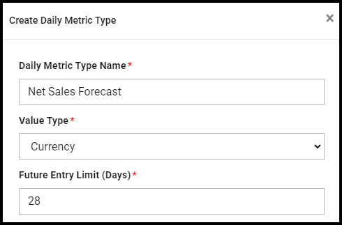 Create Daily Metric Type window