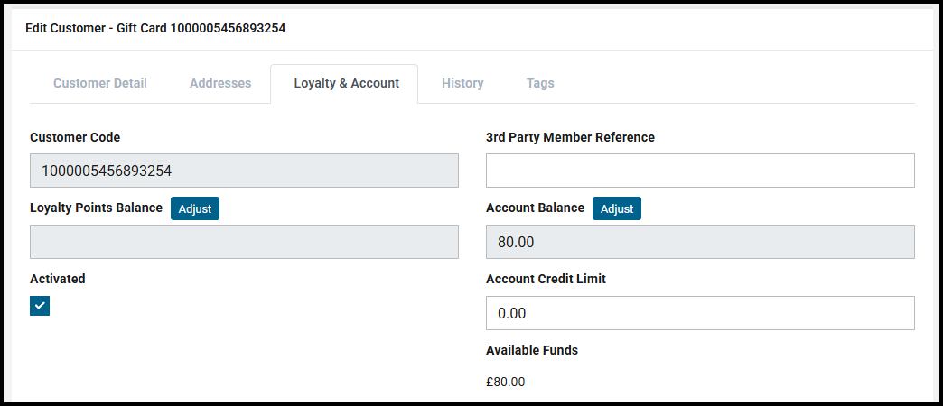 Customer balances on the Loyalty and Account tab