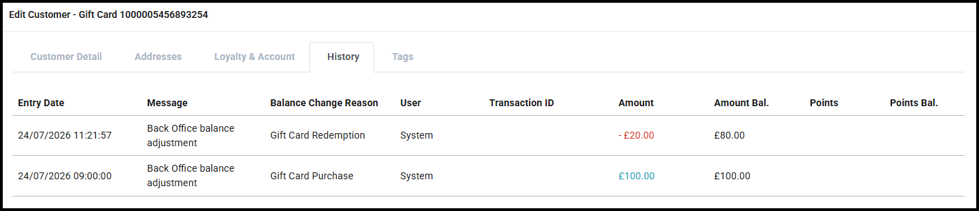 Customer balance history