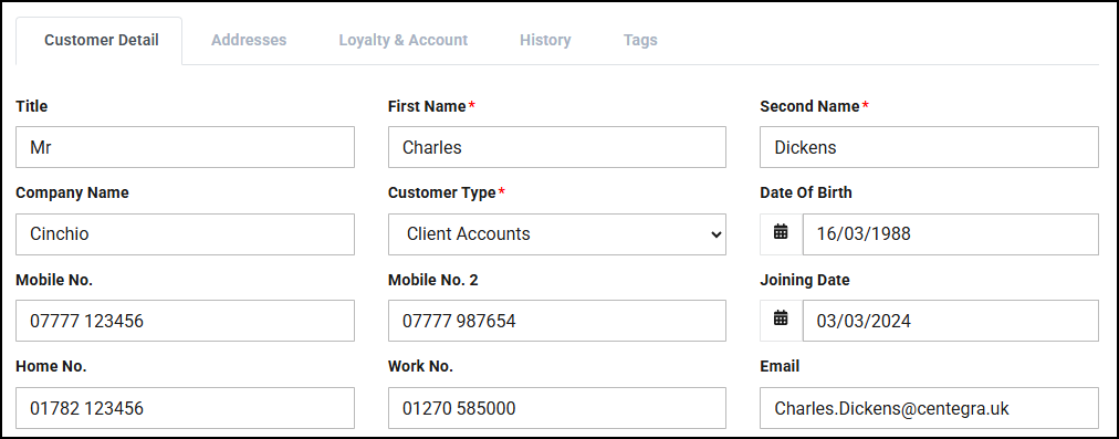 Customer Detail tab
