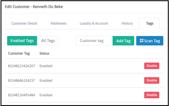 Tags tab on a customer