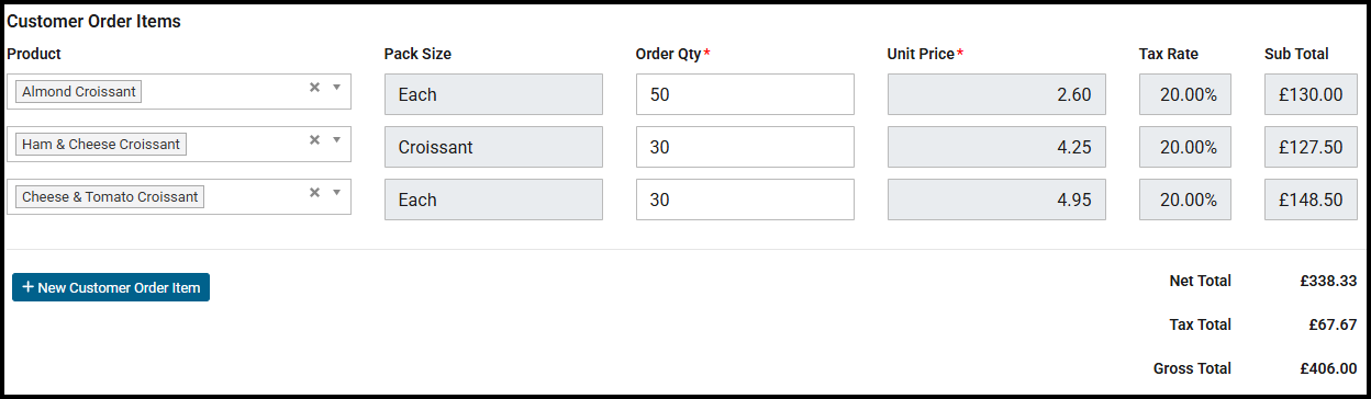 Customer Order Items section