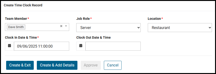 Create Time Clock Record page