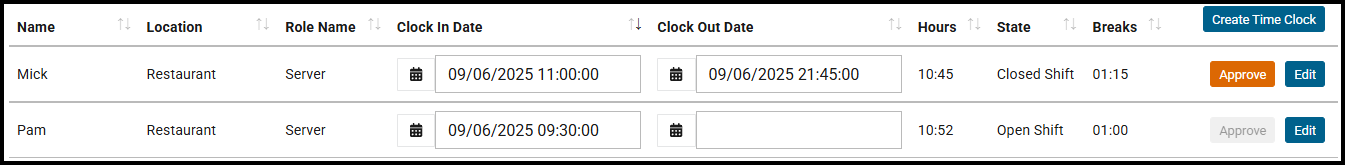 APPROVE against a time clock in the list