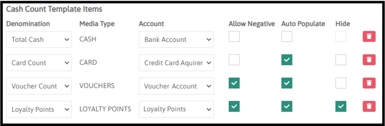 Account on a cash count template row