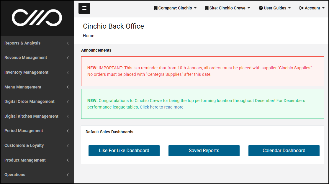 Announcements on the landing page