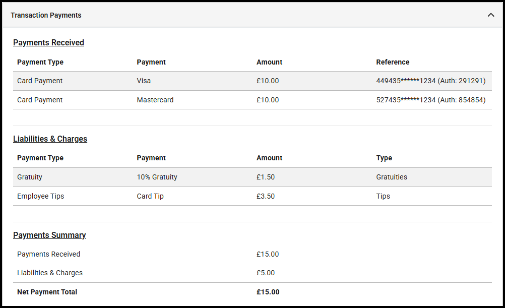 Transaction Payments section