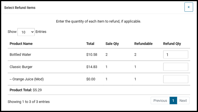 Select Refund Items window