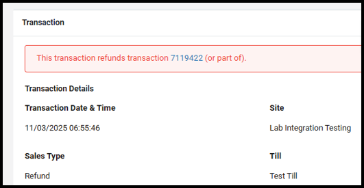 Transaction header with a link to the related refund