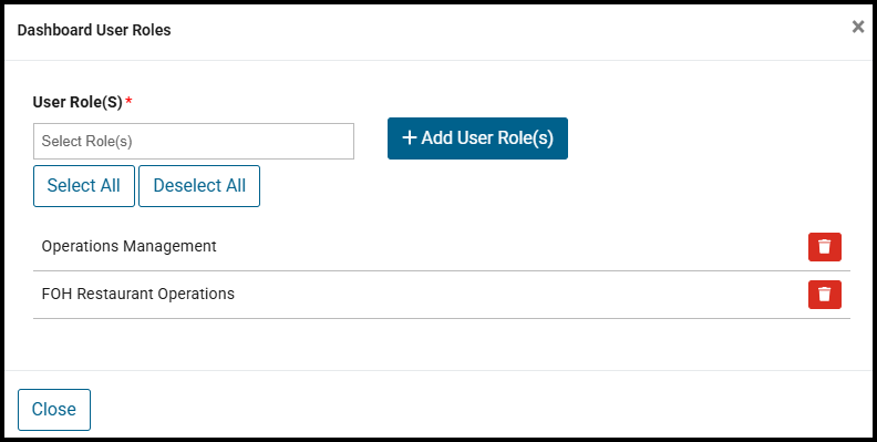 Dashboard User Roles window