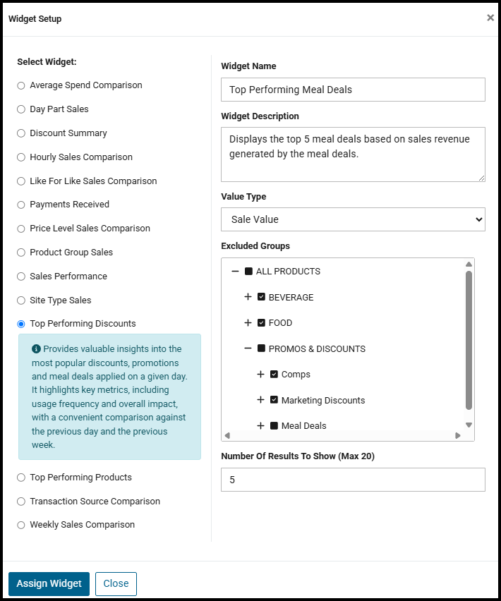 Widget Setup window