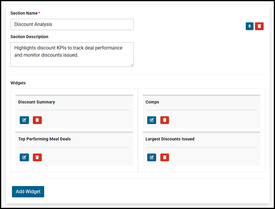 Dashboard section settings